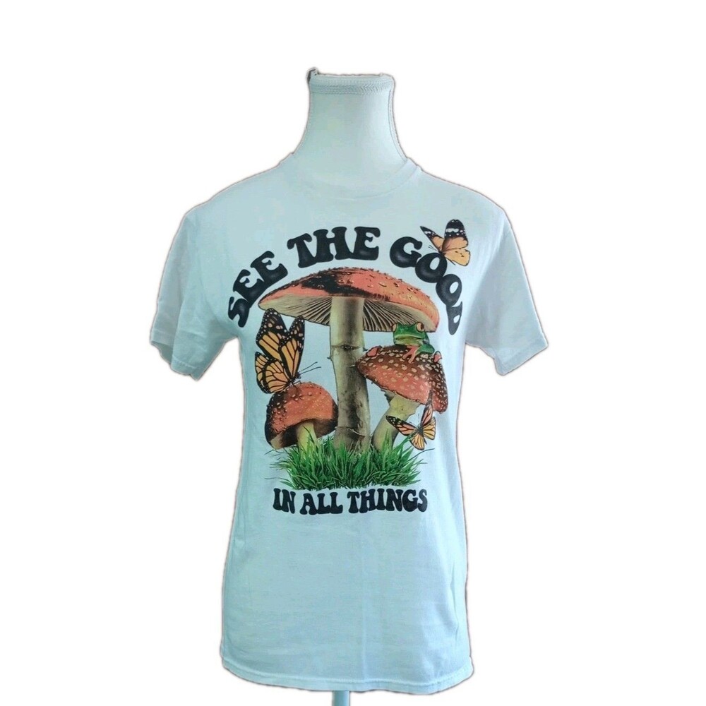 Y2K 70s style See the Good T-Shirt white Graphic Tee Mushroom Boho Hippie Sz S